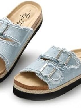 Casual Light Blue Denim Slide Sandals - Women
